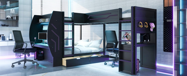 English Elm L-Shaped Triple Bunk Bed with Gaming Desks Pegboard LED Charging and Storage Drawers Black N7090004941B