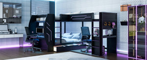 English Elm L-Shaped Triple Bunk Bed with Gaming Desks Pegboard LED Charging and Storage Drawers Black N7090004941B