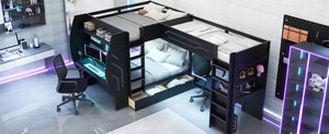 English Elm L-Shaped Triple Bunk Bed with Gaming Desks Pegboard LED Charging and Storage Drawers Black N7090004941B