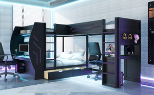 English Elm L-Shaped Triple Bunk Bed with Gaming Desks Pegboard LED Charging and Storage Drawers Black N7090004941B