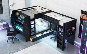 English Elm L-Shaped Triple Bunk Bed with Gaming Desks Pegboard LED Charging and Storage Drawers Black N7090004941B