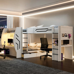 English Elm L-Shaped Triple Bunk Bed with Gaming Desks Pegboard LED Charging and Storage Drawers White N7090004941K