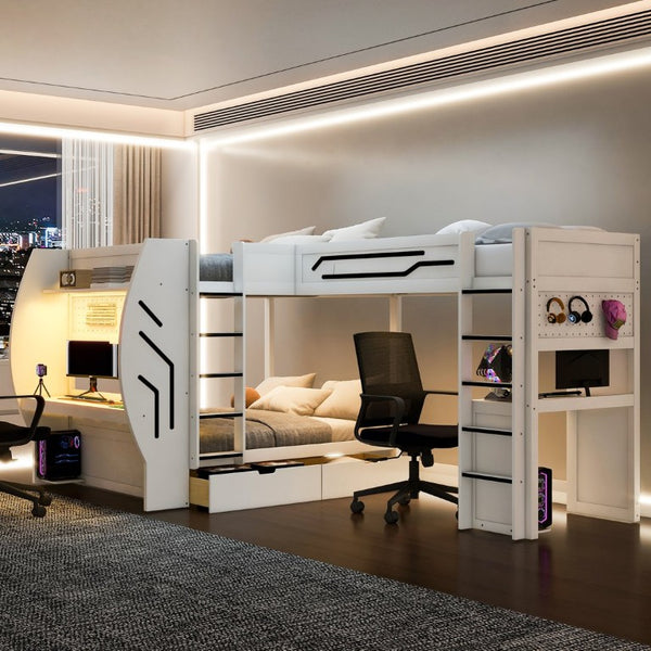 English Elm L-Shaped Triple Bunk Bed with Gaming Desks Pegboard LED Charging and Storage Drawers White N7090004941K