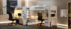 English Elm L-Shaped Triple Bunk Bed with Gaming Desks Pegboard LED Charging and Storage Drawers White N7090004941K