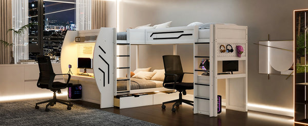 English Elm L-Shaped Triple Bunk Bed with Gaming Desks Pegboard LED Charging and Storage Drawers White N7090004941K