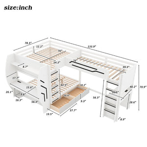 English Elm L-Shaped Triple Bunk Bed with Gaming Desks Pegboard LED Charging and Storage Drawers White N7090004941K