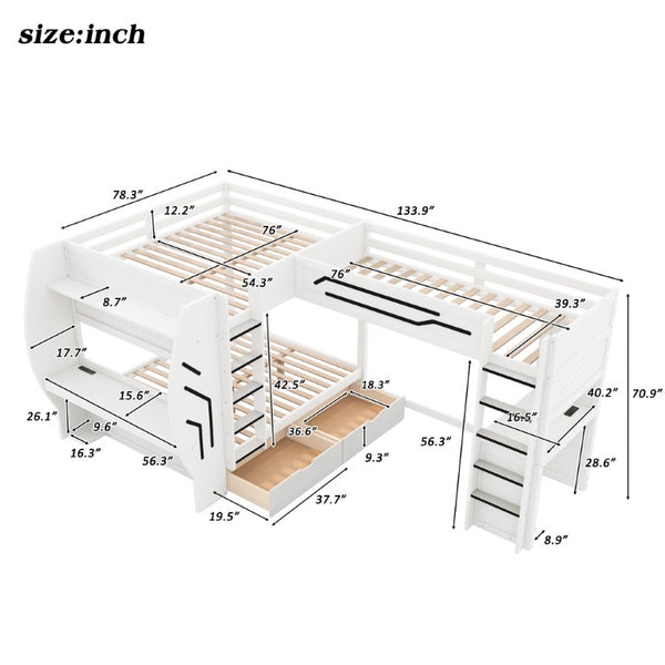 English Elm L-Shaped Triple Bunk Bed with Gaming Desks Pegboard LED Charging and Storage Drawers White N7090004941K