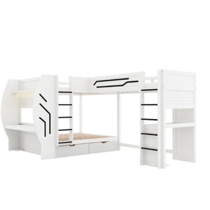 English Elm L-Shaped Triple Bunk Bed with Gaming Desks Pegboard LED Charging and Storage Drawers White N7090004941K