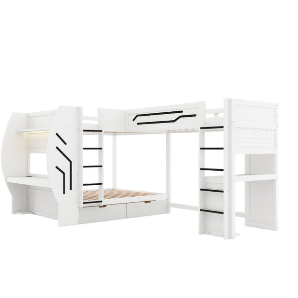 English Elm L-Shaped Triple Bunk Bed with Gaming Desks Pegboard LED Charging and Storage Drawers White N7090004941K