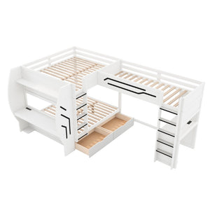 English Elm L-Shaped Triple Bunk Bed with Gaming Desks Pegboard LED Charging and Storage Drawers White N7090004941K