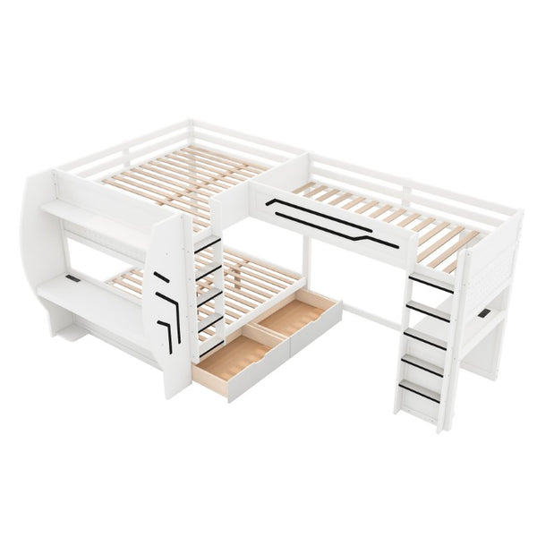 English Elm L-Shaped Triple Bunk Bed with Gaming Desks Pegboard LED Charging and Storage Drawers White N7090004941K
