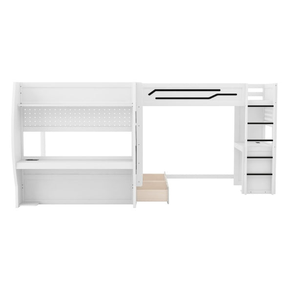 English Elm L-Shaped Triple Bunk Bed with Gaming Desks Pegboard LED Charging and Storage Drawers White N7090004941K