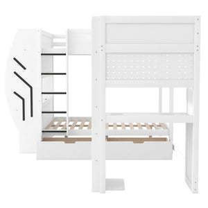 English Elm L-Shaped Triple Bunk Bed with Gaming Desks Pegboard LED Charging and Storage Drawers White N7090004941K