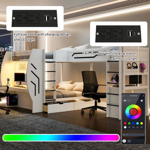 English Elm L-Shaped Triple Bunk Bed with Gaming Desks Pegboard LED Charging and Storage Drawers White N7090004941K