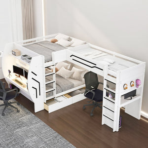 English Elm L-Shaped Triple Bunk Bed with Gaming Desks Pegboard LED Charging and Storage Drawers White N7090004941K