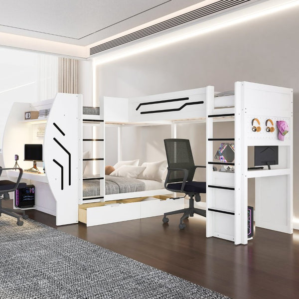 English Elm L-Shaped Triple Bunk Bed with Gaming Desks Pegboard LED Charging and Storage Drawers White N7090004941K