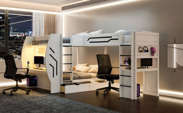 English Elm L-Shaped Triple Bunk Bed with Gaming Desks Pegboard LED Charging and Storage Drawers White N7090004941K