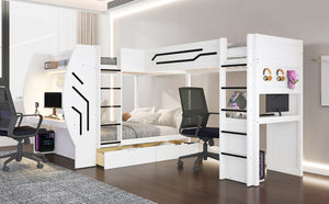 English Elm L-Shaped Triple Bunk Bed with Gaming Desks Pegboard LED Charging and Storage Drawers White N7090004941K