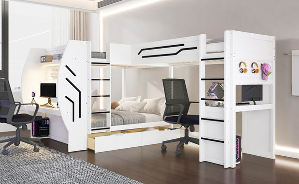 English Elm L-Shaped Triple Bunk Bed with Gaming Desks Pegboard LED Charging and Storage Drawers White N7090004941K