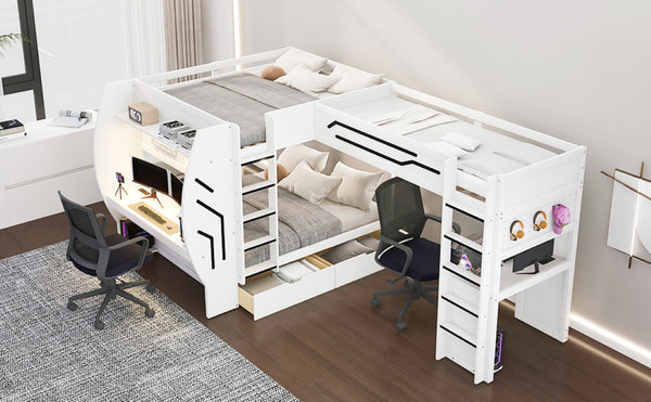 English Elm L-Shaped Triple Bunk Bed with Gaming Desks Pegboard LED Charging and Storage Drawers White N7090004941K