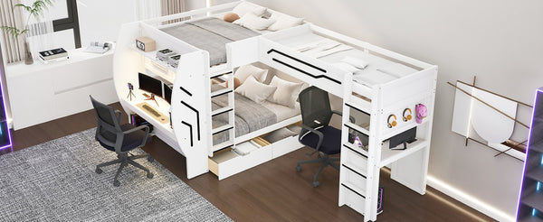 English Elm L-Shaped Triple Bunk Bed with Gaming Desks Pegboard LED Charging and Storage Drawers White N7090004941K
