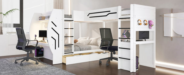English Elm L-Shaped Triple Bunk Bed with Gaming Desks Pegboard LED Charging and Storage Drawers White N7090004941K