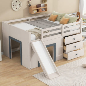 English Elm Full Size Low Loft Bed with Built-In Slide Three Drawers Pine MDF Kids Room N7090005003M