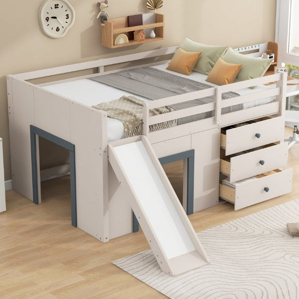 English Elm Full Size Low Loft Bed with Built-In Slide Three Drawers Pine MDF Kids Room N7090005003M