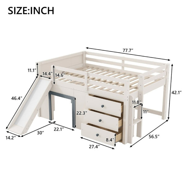 English Elm Full Size Low Loft Bed with Built-In Slide Three Drawers Pine MDF Kids Room N7090005003M