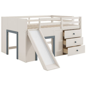 English Elm Full Size Low Loft Bed with Built-In Slide Three Drawers Pine MDF Kids Room N7090005003M