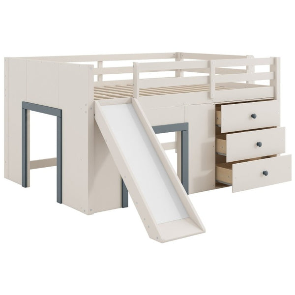 English Elm Full Size Low Loft Bed with Built-In Slide Three Drawers Pine MDF Kids Room N7090005003M