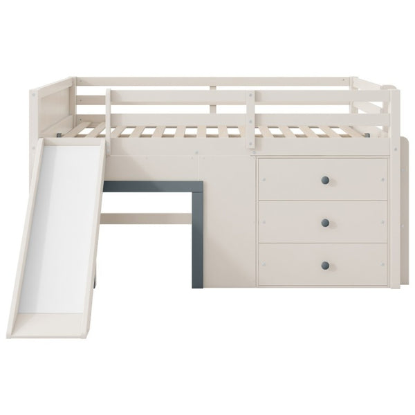 English Elm Full Size Low Loft Bed with Built-In Slide Three Drawers Pine MDF Kids Room N7090005003M