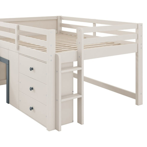 English Elm Full Size Low Loft Bed with Built-In Slide Three Drawers Pine MDF Kids Room N7090005003M