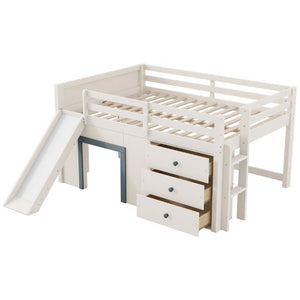 English Elm Full Size Low Loft Bed with Built-In Slide Three Drawers Pine MDF Kids Room N7090005003M