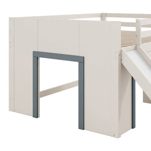 English Elm Full Size Low Loft Bed with Built-In Slide Three Drawers Pine MDF Kids Room N7090005003M