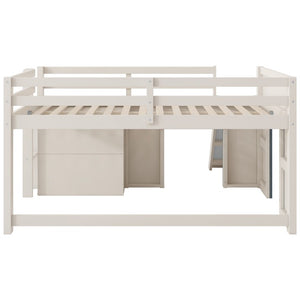 English Elm Full Size Low Loft Bed with Built-In Slide Three Drawers Pine MDF Kids Room N7090005003M