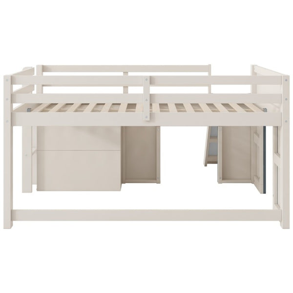 English Elm Full Size Low Loft Bed with Built-In Slide Three Drawers Pine MDF Kids Room N7090005003M