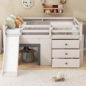 English Elm Full Size Low Loft Bed with Built-In Slide Three Drawers Pine MDF Kids Room N7090005003M