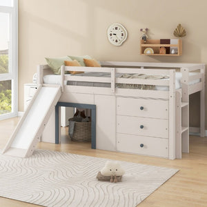 English Elm Full Size Low Loft Bed with Built-In Slide Three Drawers Pine MDF Kids Room N7090005003M