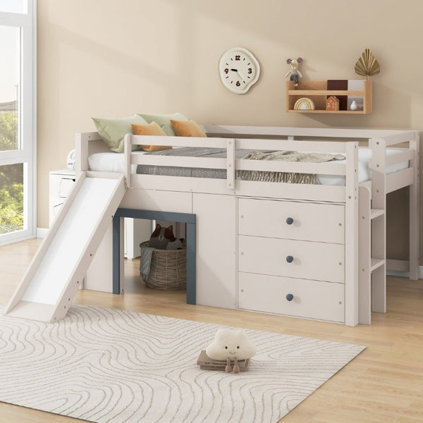 English Elm Full Size Low Loft Bed with Built-In Slide Three Drawers Pine MDF Kids Room N7090005003M