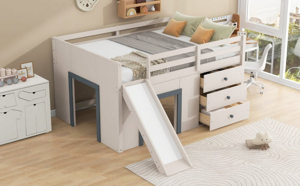 English Elm Full Size Low Loft Bed with Built-In Slide Three Drawers Pine MDF Kids Room N7090005003M