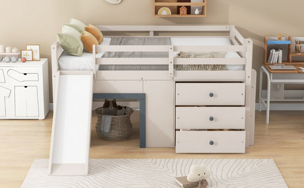 English Elm Full Size Low Loft Bed with Built-In Slide Three Drawers Pine MDF Kids Room N7090005003M