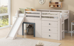 English Elm Full Size Low Loft Bed with Built-In Slide Three Drawers Pine MDF Kids Room N7090005003M
