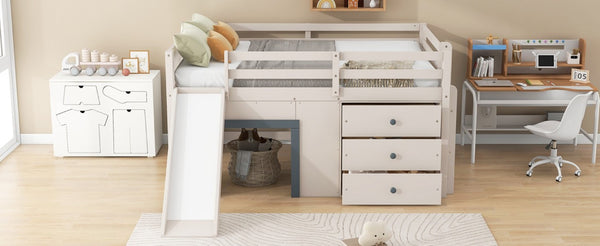 English Elm Full Size Low Loft Bed with Built-In Slide Three Drawers Pine MDF Kids Room N7090005003M
