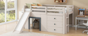 English Elm Full Size Low Loft Bed with Built-In Slide Three Drawers Pine MDF Kids Room N7090005003M