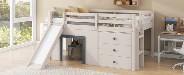 English Elm Full Size Low Loft Bed with Built-In Slide Three Drawers Pine MDF Kids Room N7090005003M