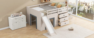 English Elm Full Size Low Loft Bed with Built-In Slide Three Drawers Pine MDF Kids Room N7090005003M