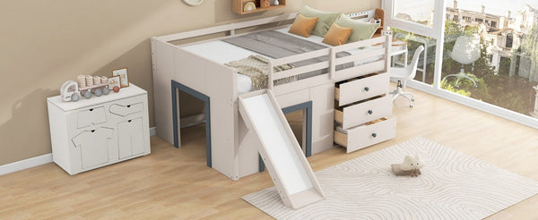 English Elm Full Size Low Loft Bed with Built-In Slide Three Drawers Pine MDF Kids Room N7090005003M