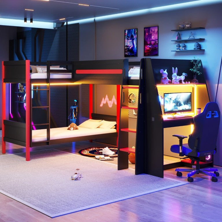 English Elm L-Shaped Twin Bunk Bed with Gaming Loft Built-In Desk LED Strip and Shelves N7090005018B