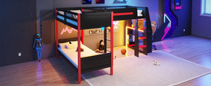 English Elm L-Shaped Twin Bunk Bed with Gaming Loft Built-In Desk LED Strip and Shelves N7090005018B